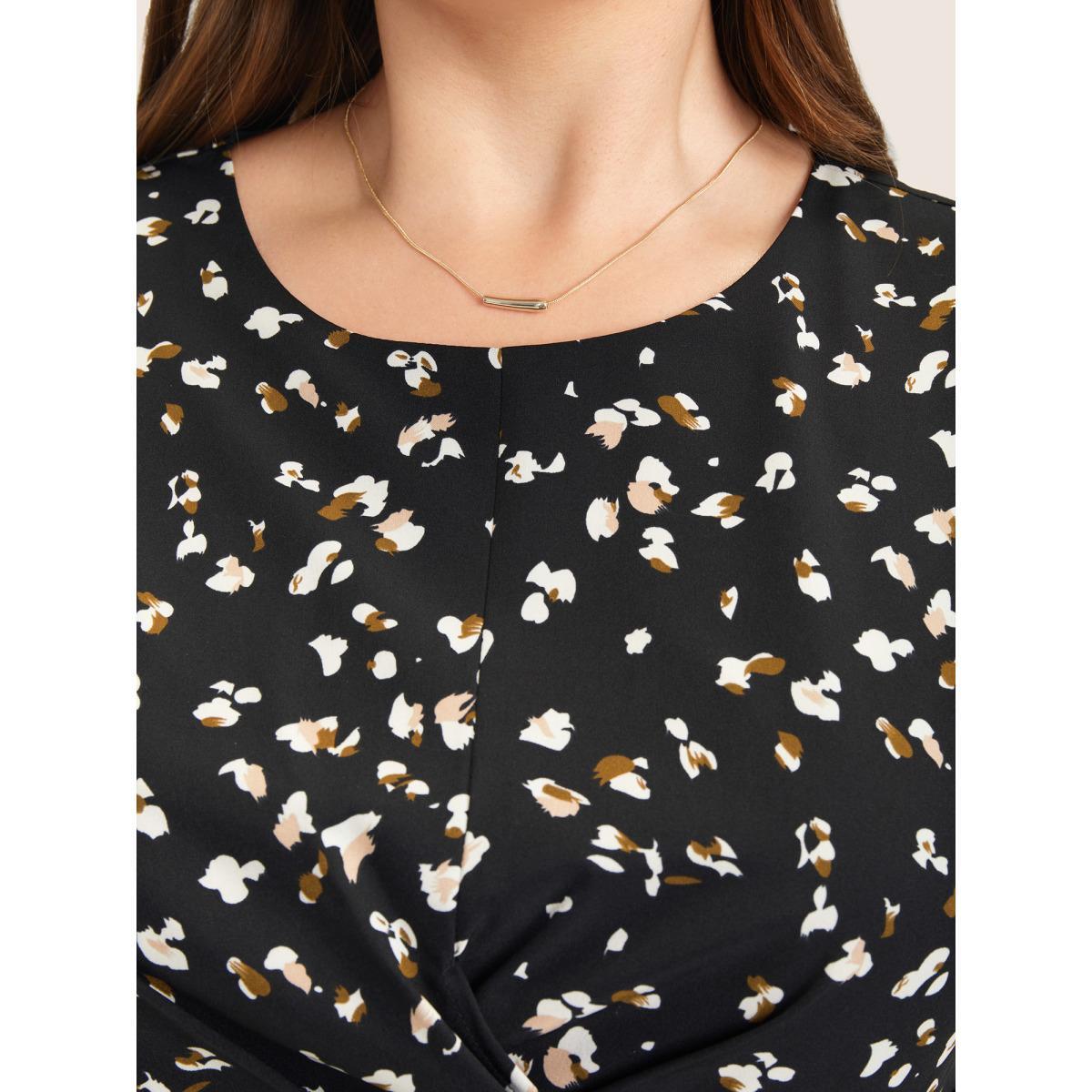 Plus Size Allover Print Pocket Flutter Crossover Ruched Tank Dress Black Women Elegant Twist Round Neck Sleeveless Curvy Midi Dress BloomChic 26/4X Product Image