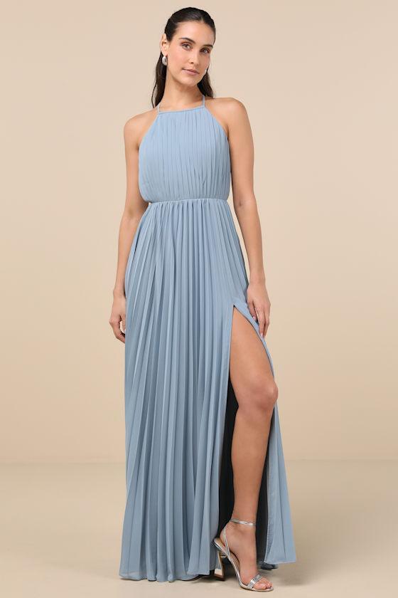 Rylie Slate Blue Pleated Backless Maxi Dress Product Image