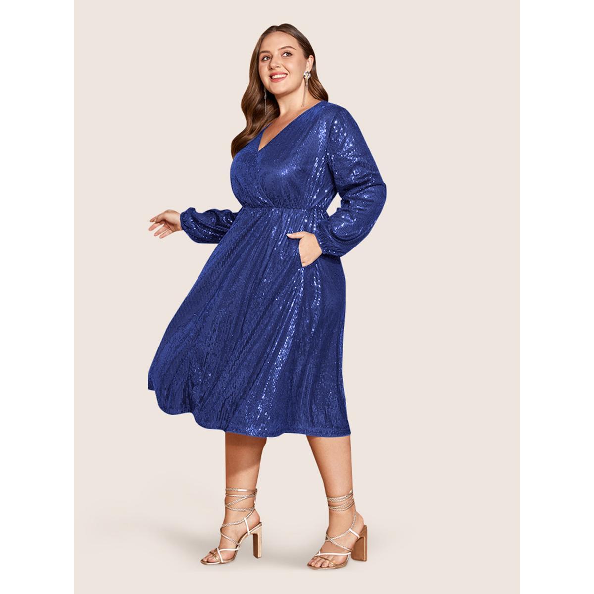 Plus Size Solid Pocket Lantern Sleeve Wrap Sequin Dress Brightblue Women Party Pocket Overlap Collar Long Sleeve Curvy Midi Dress BloomChic 14-16/1X Product Image