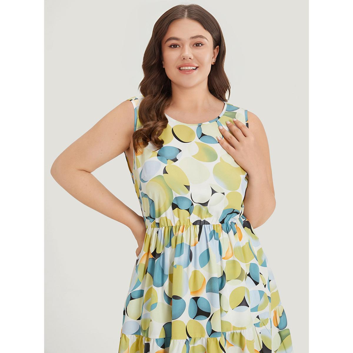 Plus Size Geometric Print Pocket Ruffle Layered Hem Sleeveless Dress YellowGreen Women Elegant Lined Round Neck Sleeveless Curvy Knee Dress BloomChic 18-20/2X Product Image
