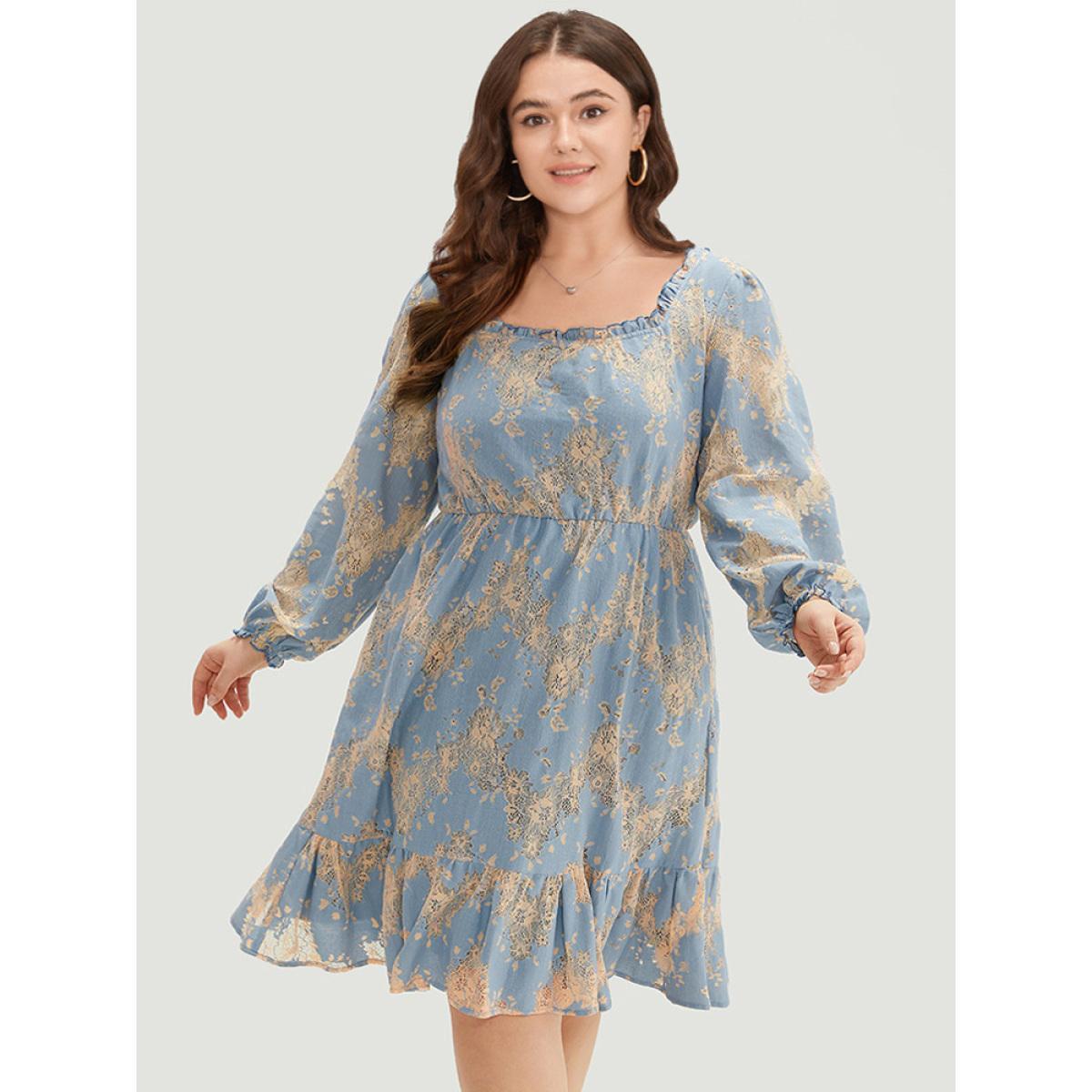Plus Size Contrast Lace Panel Frill Trim Lantern Sleeve Dress Aegean Women Vacation Elastic cuffs Square Neck Long Sleeve Curvy Midi Dress BloomChic 10/M Product Image
