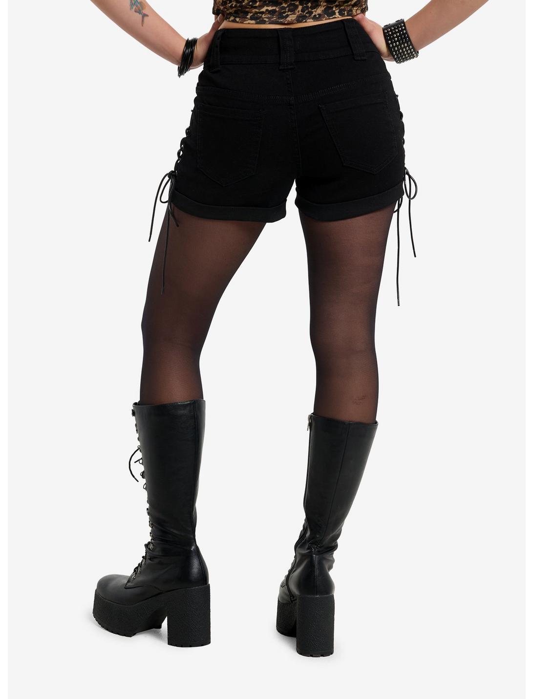 Black Lace-Up Denim Shorts Product Image