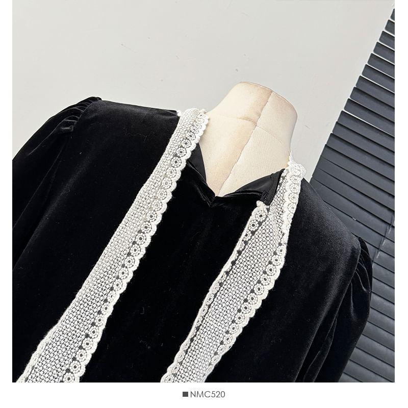 Lace-Trim Loose Velvet Blouse Product Image