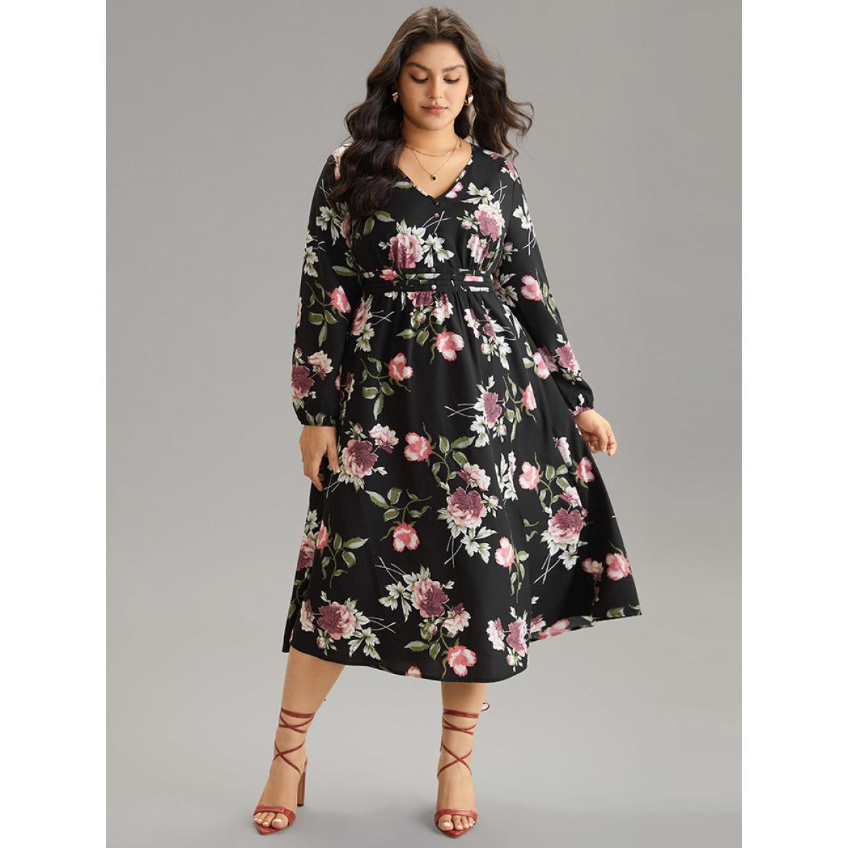 Plus Size Floral Print Pocket Button Detail Pleated Dress BlackFlower Women Elegant Elastic cuffs V-neck Long Sleeve Curvy Midi Dress BloomChic 12/L Product Image
