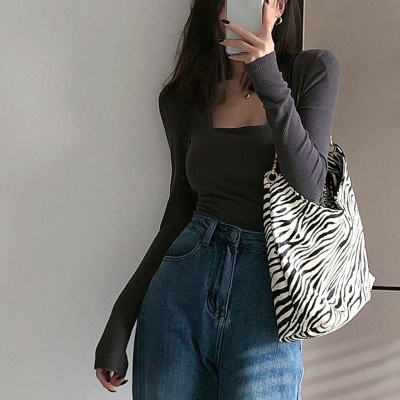 Plain Square-Neck Long-Sleeve Slim-Fit Knit Top Product Image