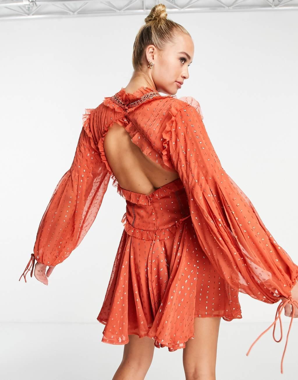ASOS DESIGN ruffle detail mini dress with chain detail Product Image