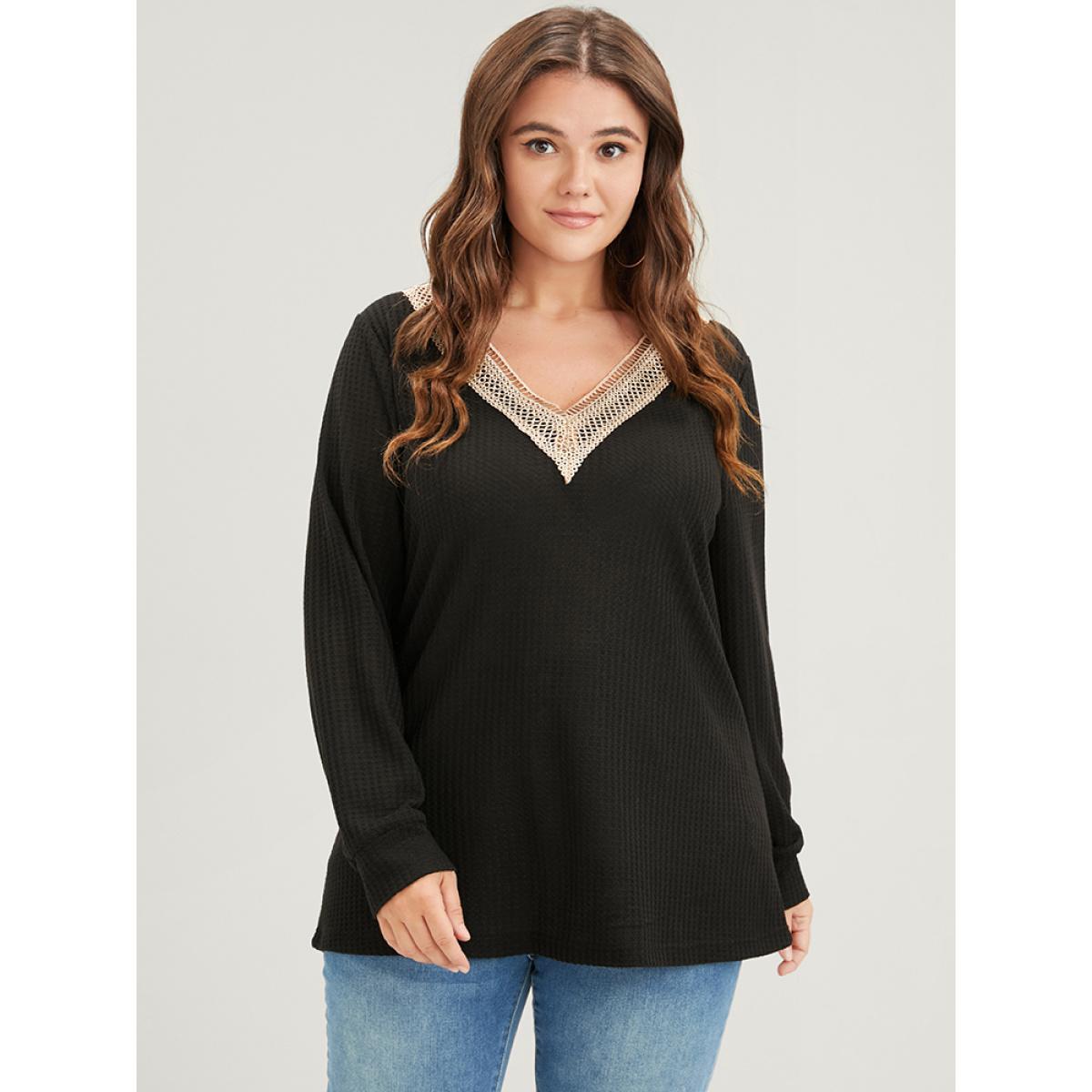 Plus Size Solid Drop Shoulder Contrast Lace Waffle Knit Sweatshirt Women Black Casual Patchwork V-neck Dailywear Sweatshirts BloomChic 28/5X Product Image