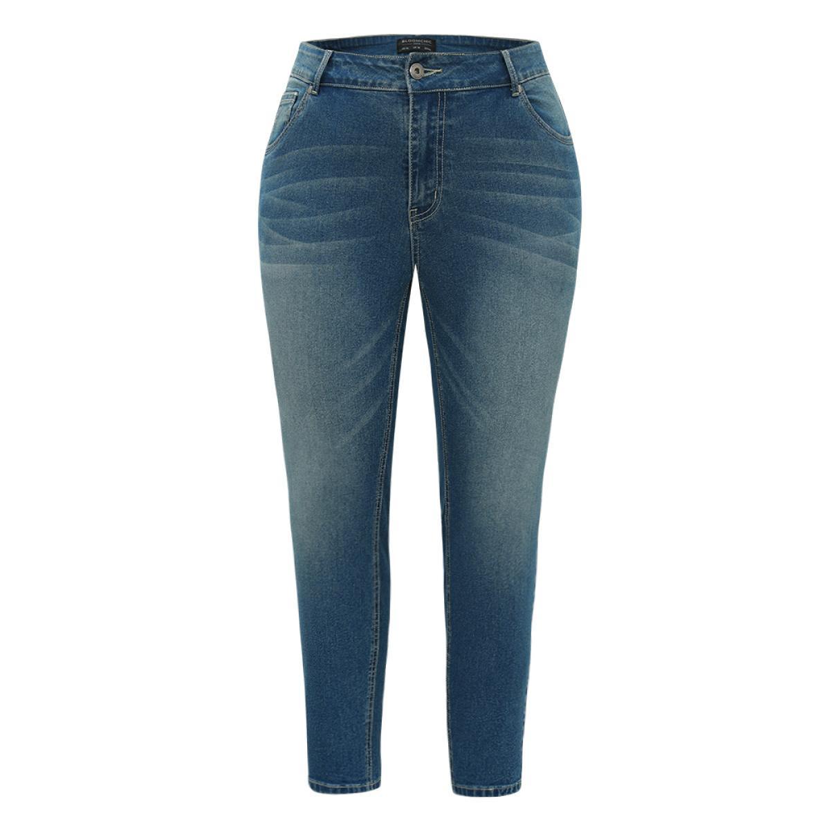 Plus Size Zipper Fly Skinny Medium Wash Jeans Women Cerulean Casual Plain Plain High stretch Pocket Jeans BloomChic 22/3X Product Image