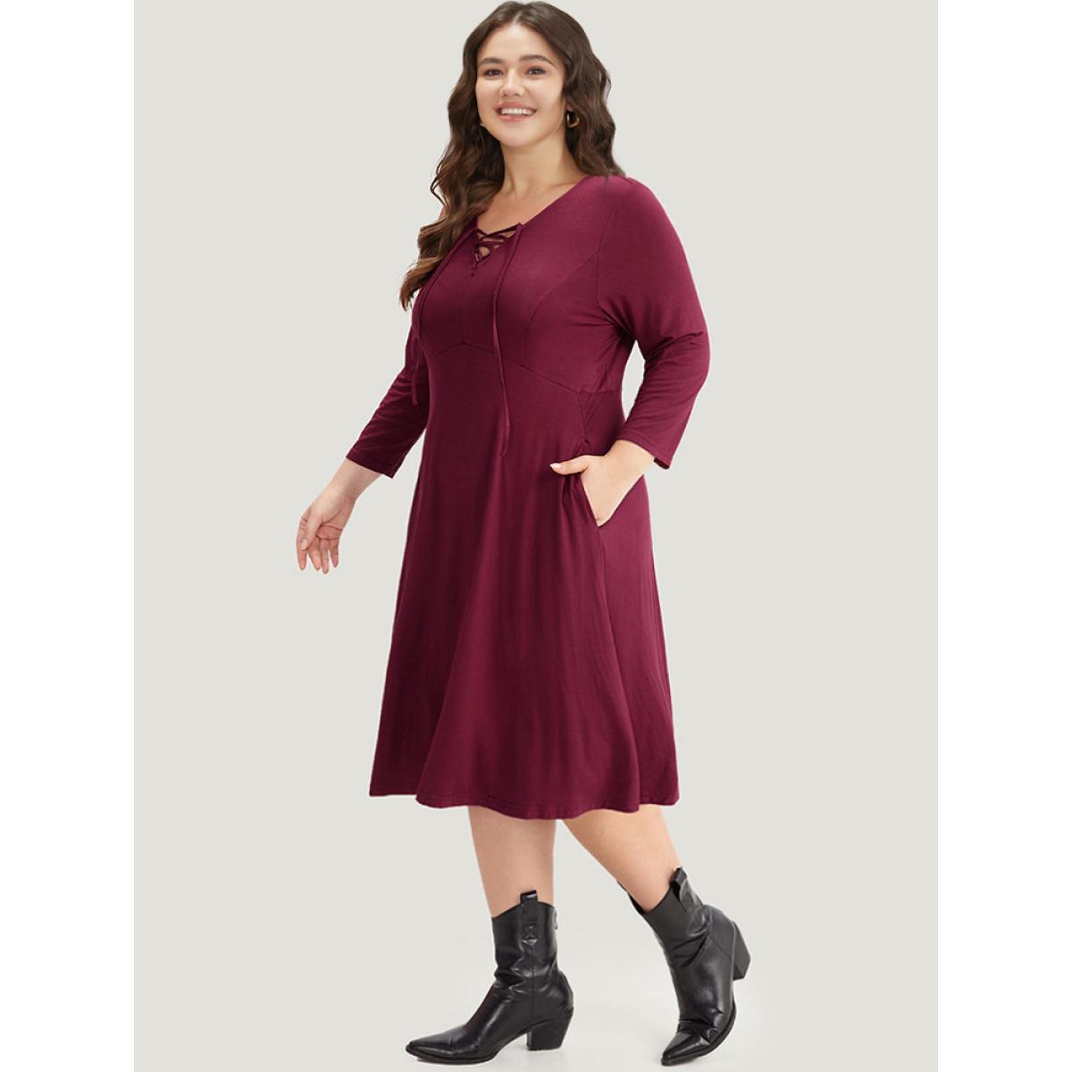 Plus Size Supersoft Essentials Solid Lace Up Ruffle Hem Dress Burgundy Women Casual Plain Tie Neck Elbow-length sleeve Curvy Midi Dress BloomChic 18-20/2X Product Image