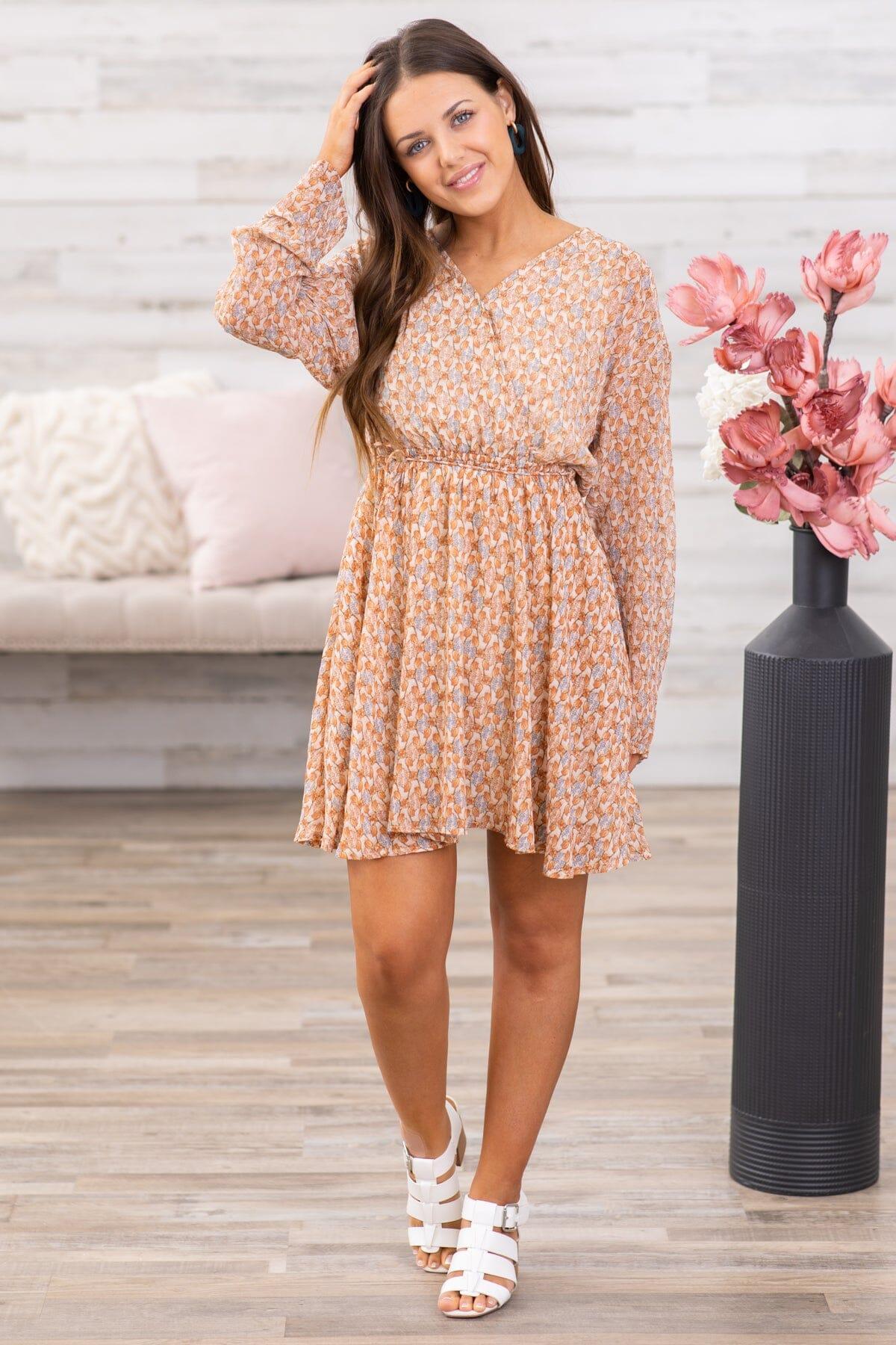 Tan Surplice Front Floral Long Sleeve Dress Product Image
