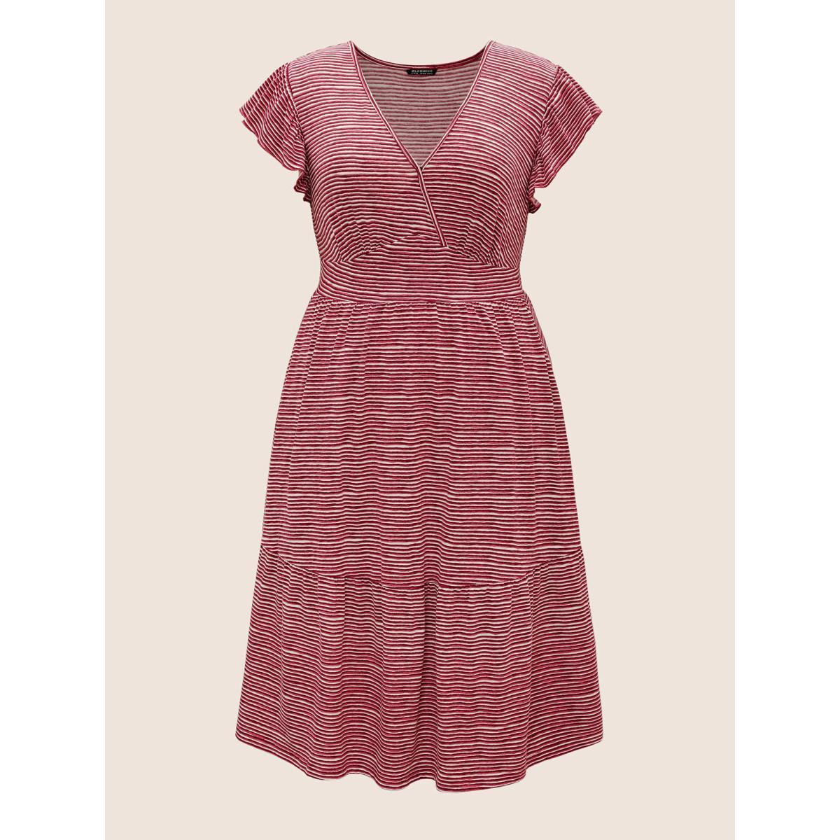 Plus Size Striped Surplice Neck Ruffle Cap Sleeve Dress Russet Women Casual Non Overlap Collar Cap Sleeve Curvy Midi Dress BloomChic 22-24/3X Product Image