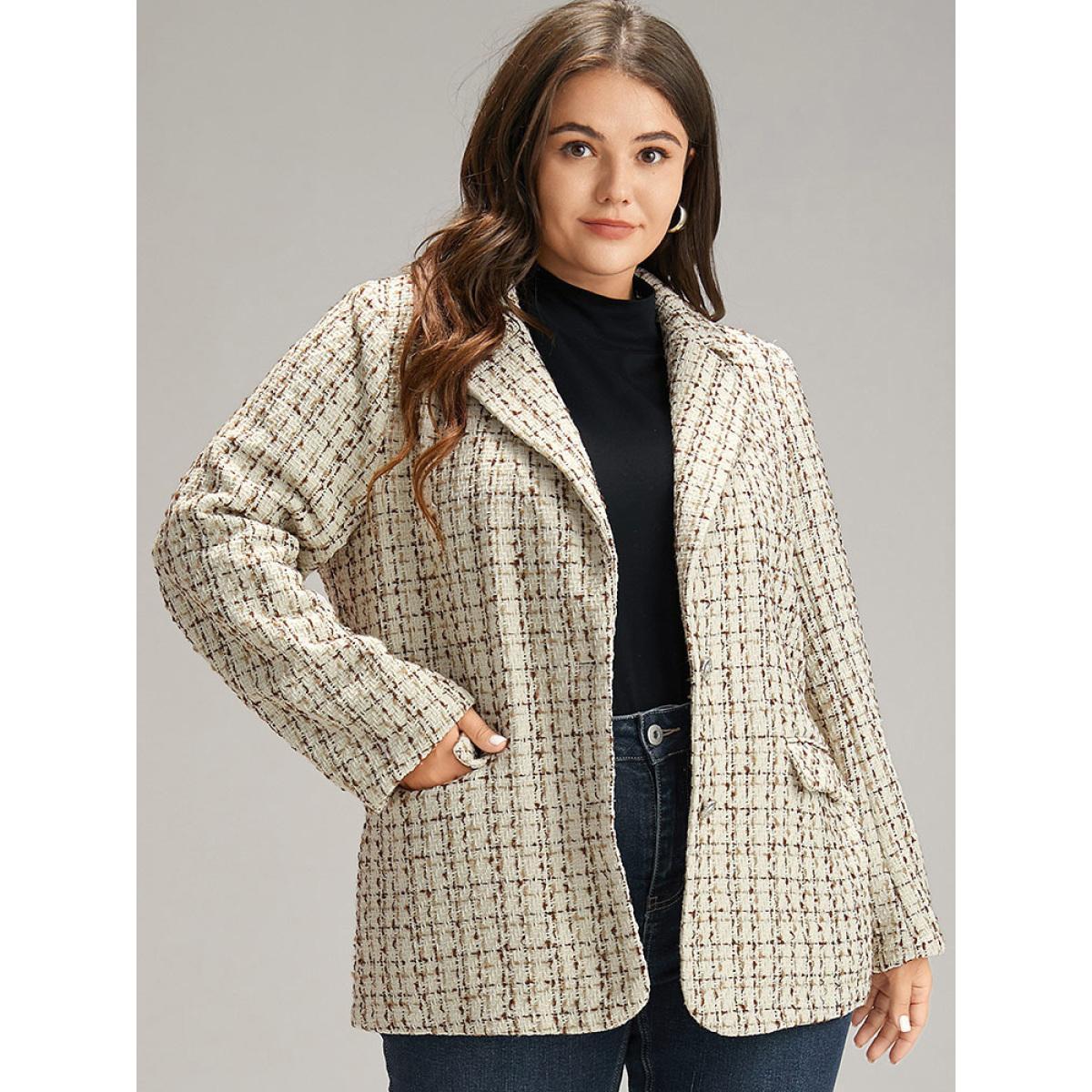 Plus Size Gingham Suit Collar Flap Pocket Blazer Ivory Women Dailywear Gingham Texture Sleeve Long Sleeve Suit Collar 28/5X Pocket Casual Blazers BloomChic Product Image