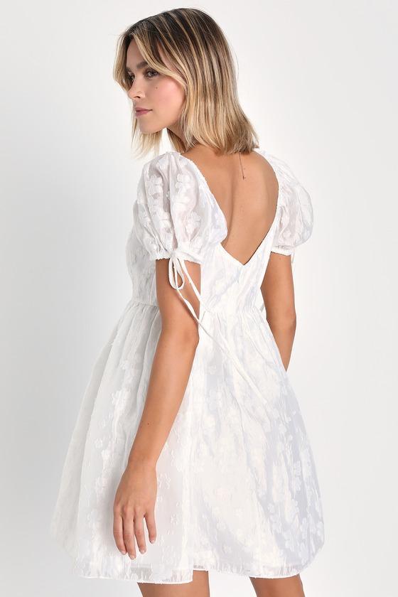 Exceptionally Angelic White Floral Puff Sleeve Mini Dress Product Image