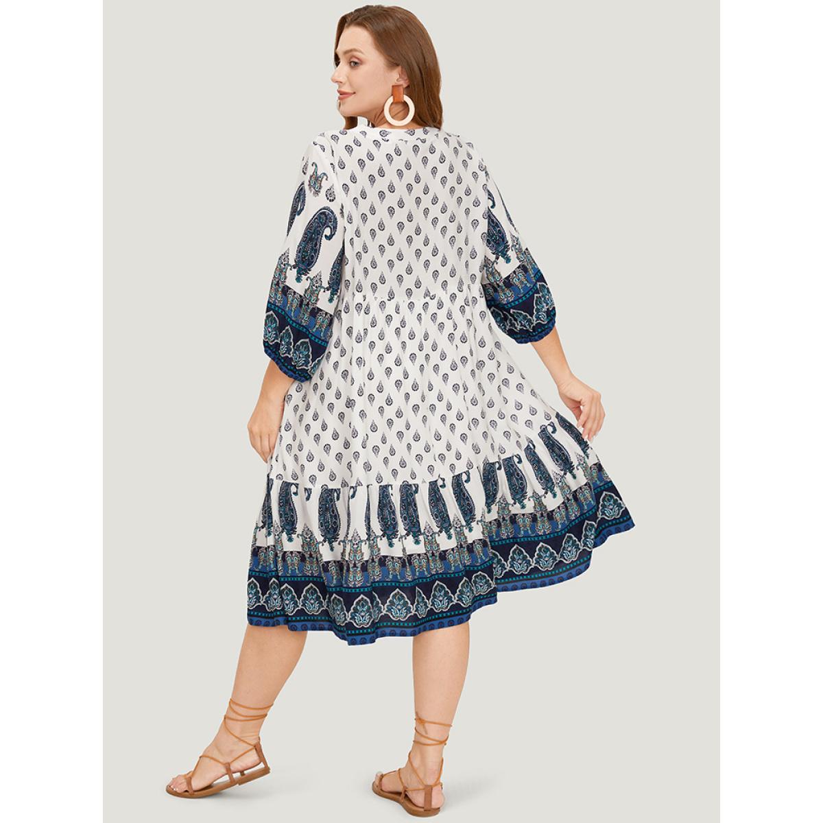Plus Size Bandana Print Ruffles Lantern Sleeve Pocket Tassels Tie Neck Dress White Women Vacation Tassels Tie Neck Elbow-length sleeve Curvy Midi Dress BloomChic 30/6X Product Image