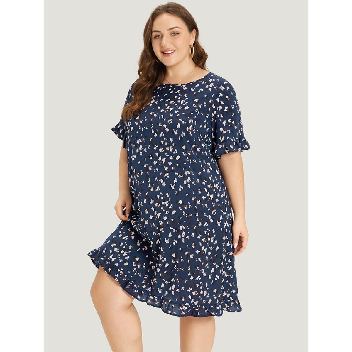 Plus Size Allover Print Pocket Flutter Trim Dress DarkBlue Women Elegant Pocket Round Neck Short sleeve Curvy Knee Dress BloomChic 18-20/2X Product Image