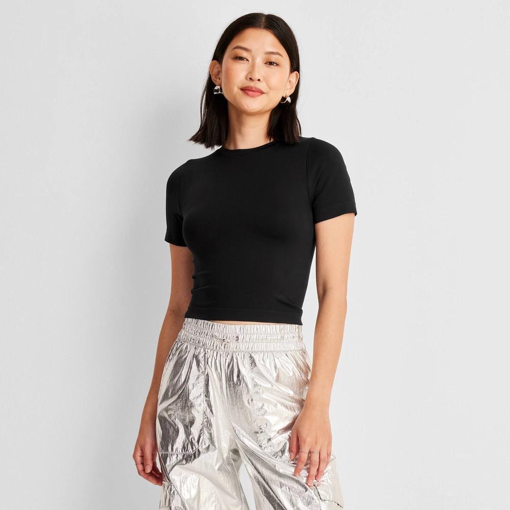 Women's Slim Fit Short Sleeve Seamless Baby T-Shirt - A New Day™ Black S: Lightweight Nylon Spandex Pullover, Crew Neck Jersey Product Image