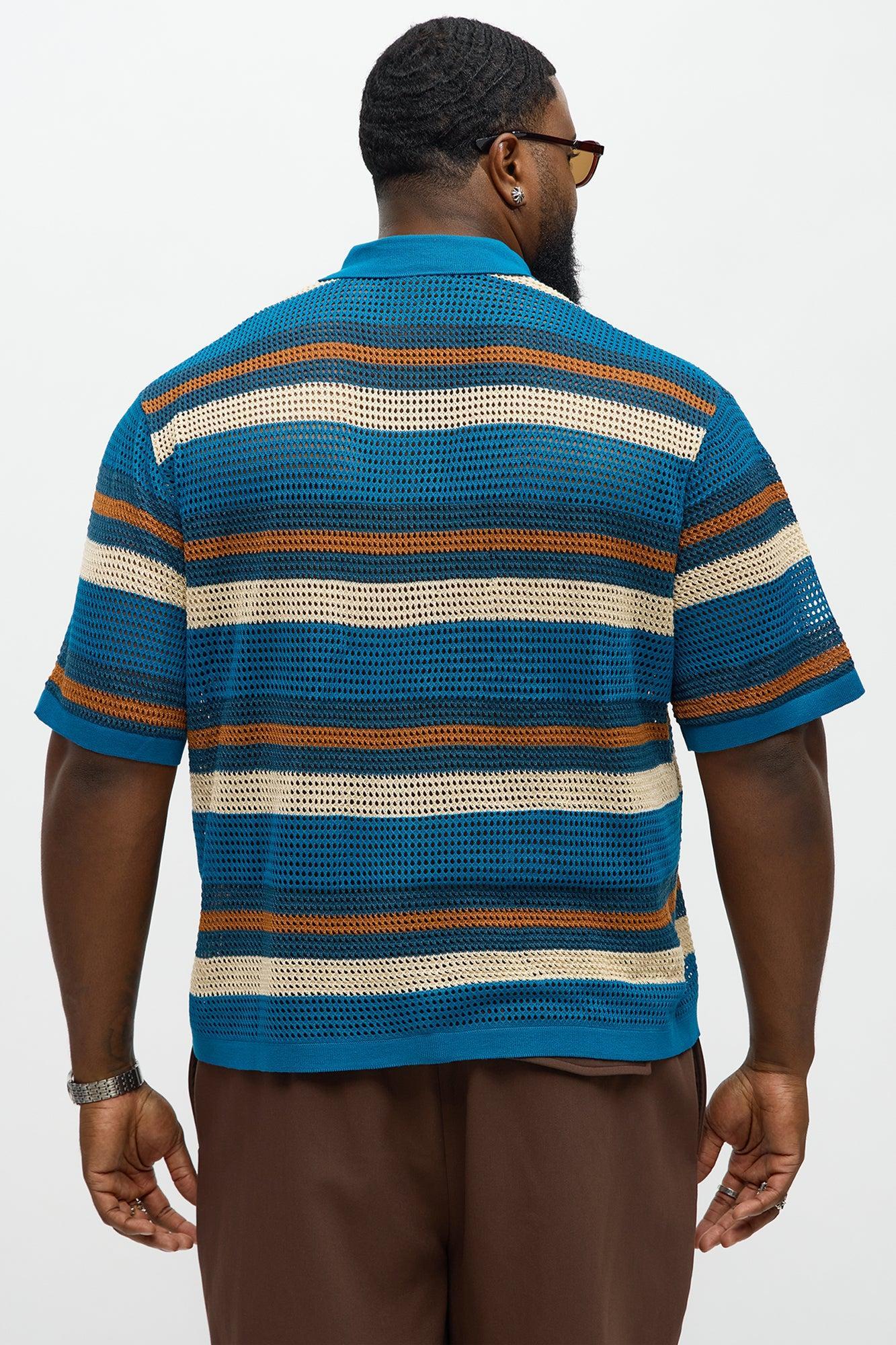 Regular Fit Striped Crochet Button Up Shirt - Blue Product Image