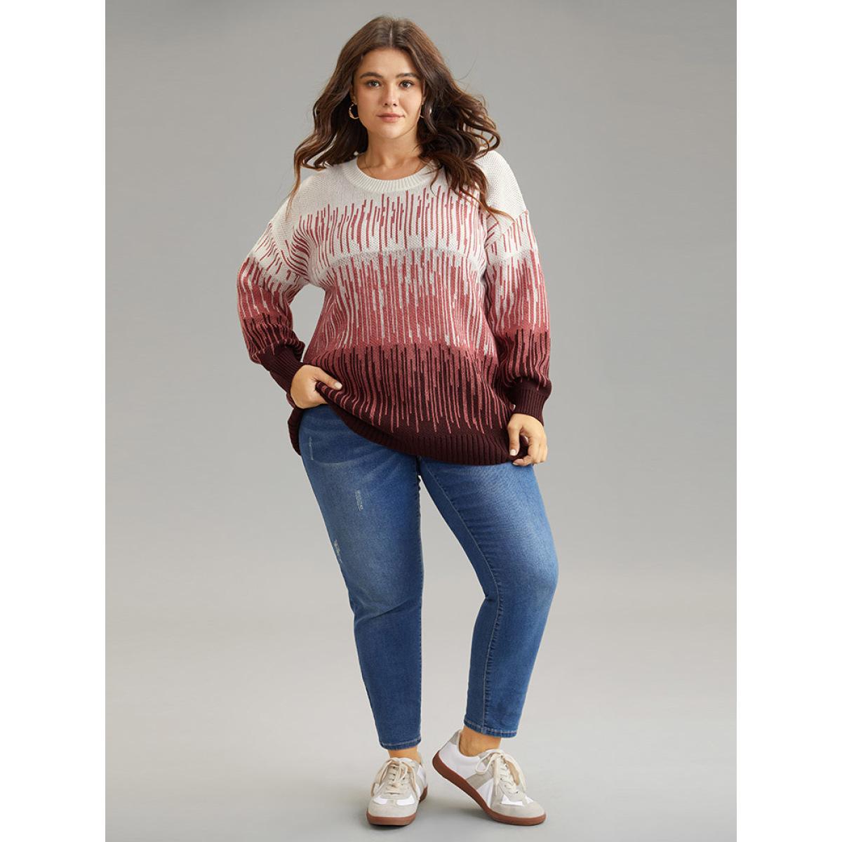 Plus Size Geometric Colorblock Crew Neck Pullover Burgundy Women Casual Loose Long Sleeve Round Neck Dailywear Pullovers BloomChic 28/5X Product Image