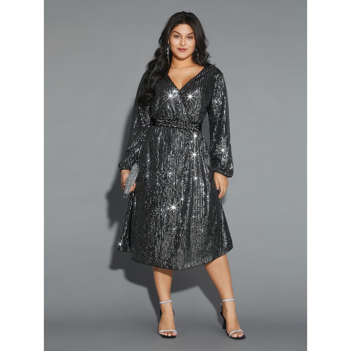 Plus Size Solid Pocket Lantern Sleeve Wrap Sequin Dress Silver Women Party Pocket Overlap Collar Long Sleeve Curvy Midi Dress BloomChic 10/M Product Image