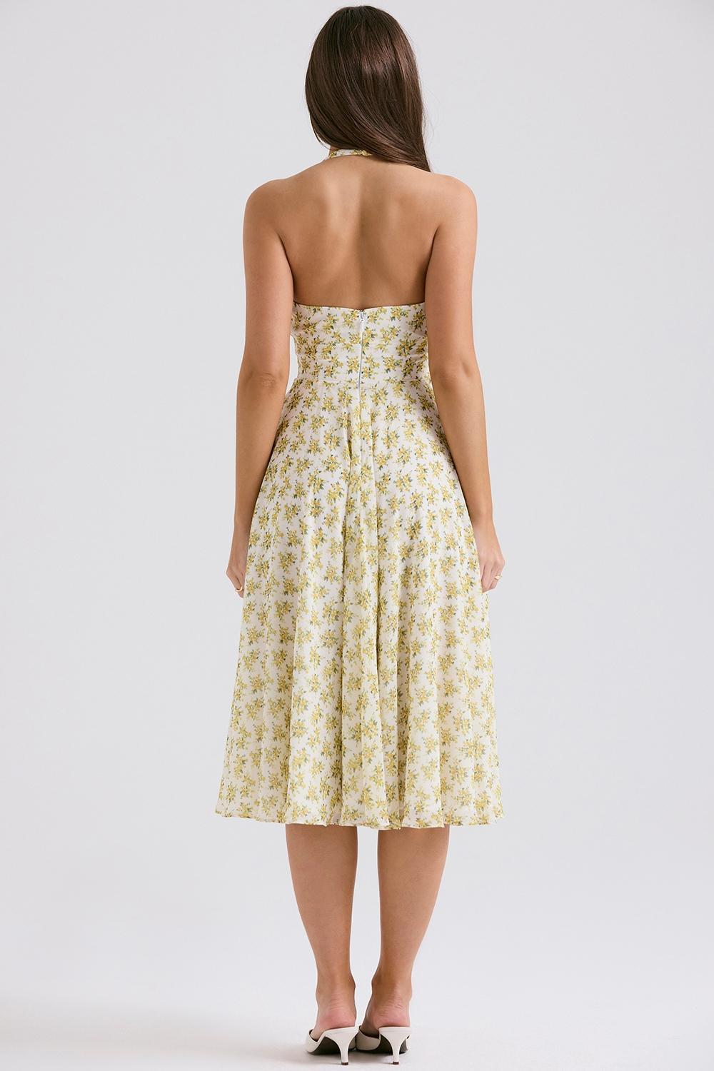 Solada  ivory vintage floral print georgette halter sundress Product Image