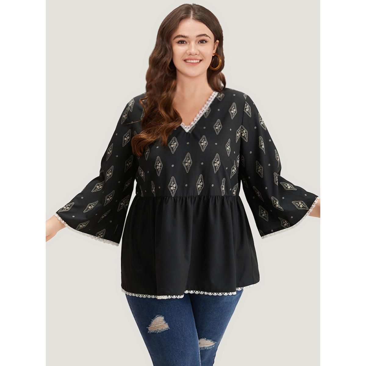 Plus Size Black Boho Print Guipure Lace V Neck Bell Sleeve Blouse Women Vacation Elbow-length sleeve V-neck Dailywear Blouses BloomChic 28/5X Product Image