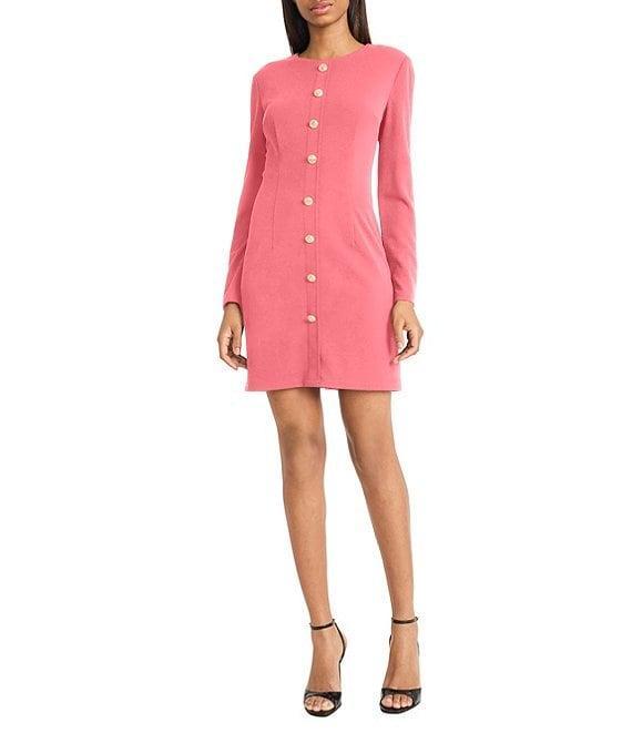Donna Morgan Scuba Crepe Long Sleeve Faux Button Front Dress Product Image