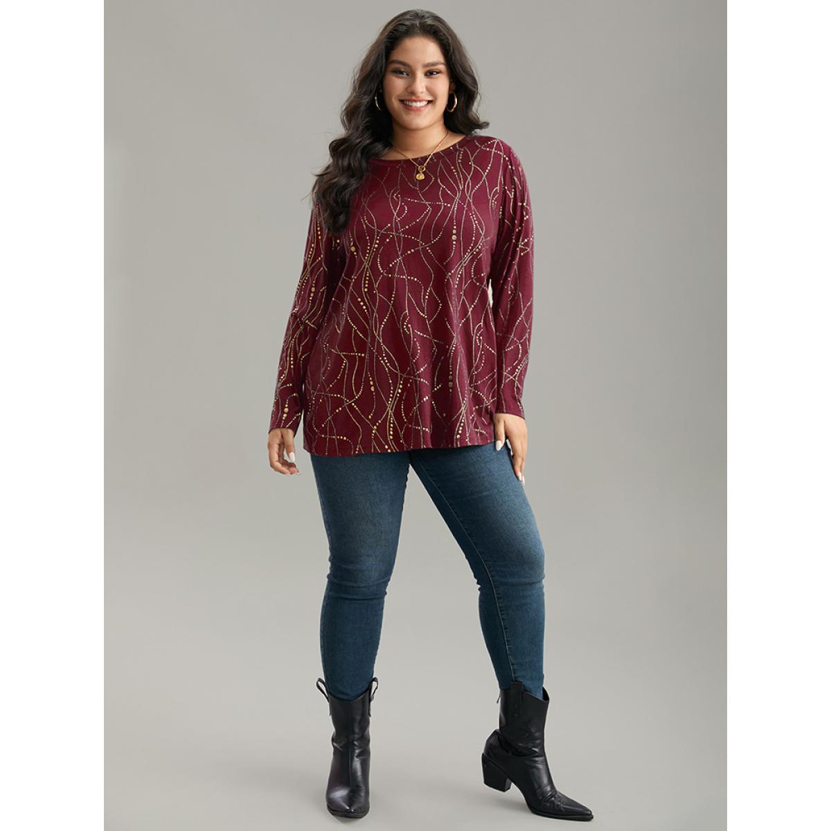 Plus Size Polka Dot Contrast Round Neck T-shirt Burgundy Women Casual Contrast Polka Dot Round Neck Dailywear T-shirts BloomChic 12/L Product Image