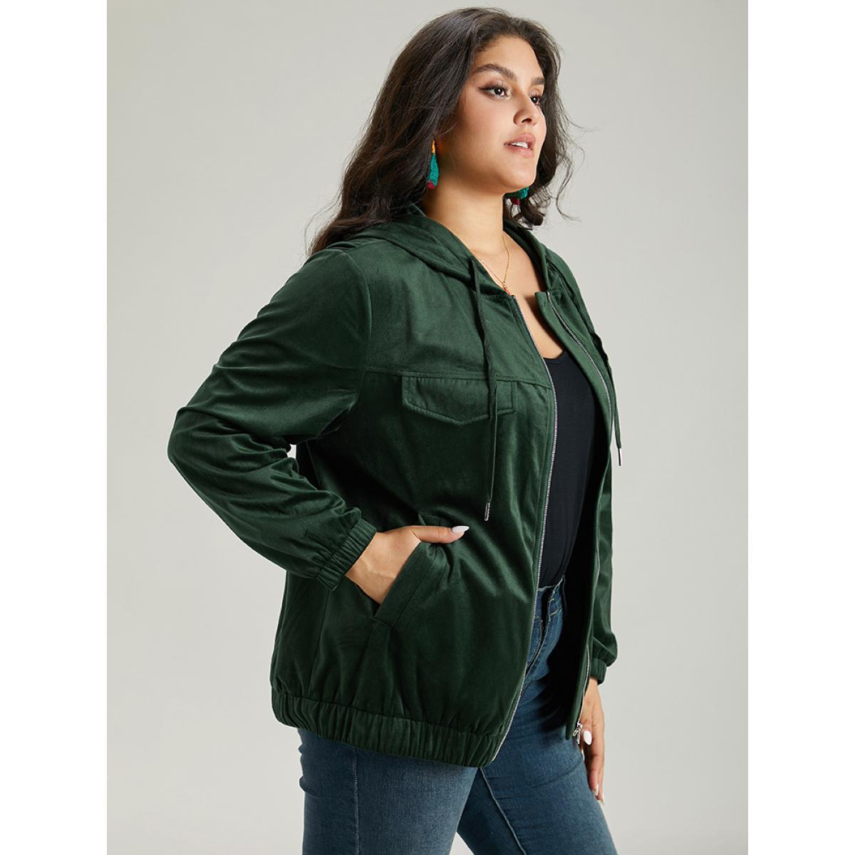 Plus Size Velvet Zipper Pocket Drawstring Hooded Jacket Women Emerald Elastic cuffs Pocket Dailywear Jackets BloomChic 14-16/1X Product Image
