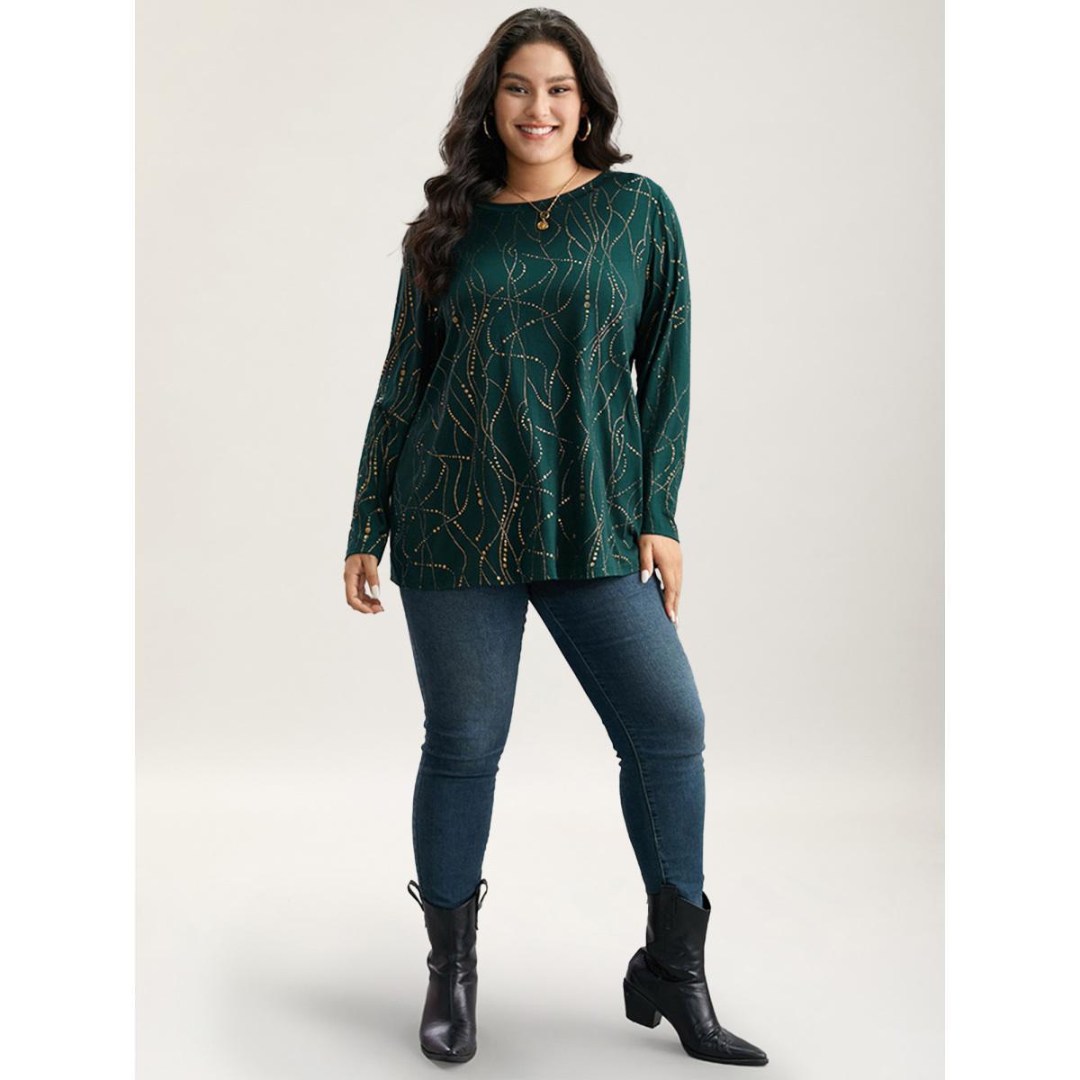 Plus Size Polka Dot Contrast Round Neck T-shirt DarkGreen Women Casual Contrast Polka Dot Round Neck Dailywear T-shirts BloomChic 22-24/3X Product Image