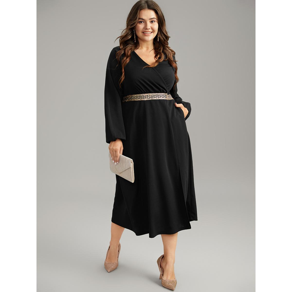 Plus Size Contrast Webbing Wrap Pocket Split Hem Dress Black Women Glamour Elastic cuffs V-neck Long Sleeve Curvy Midi Dress BloomChic 30/6X Product Image