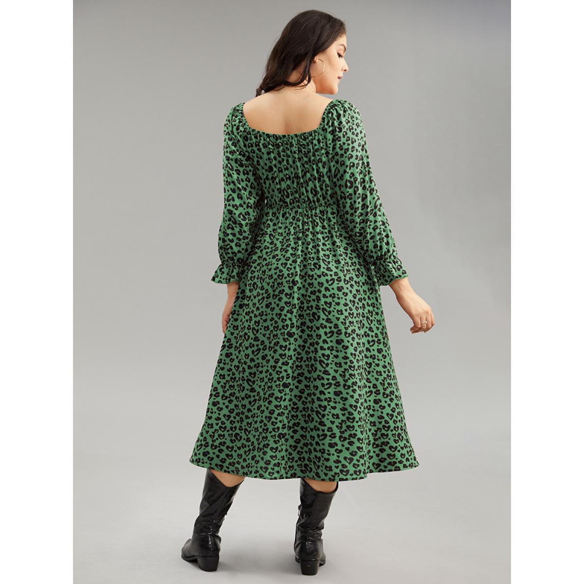 Plus Size Leopard Print Shirred Square Neck Pocket Dress DarkGreen Women Casual Printed Square Neck Long Sleeve Curvy Midi Dress BloomChic 22-24/3X Product Image