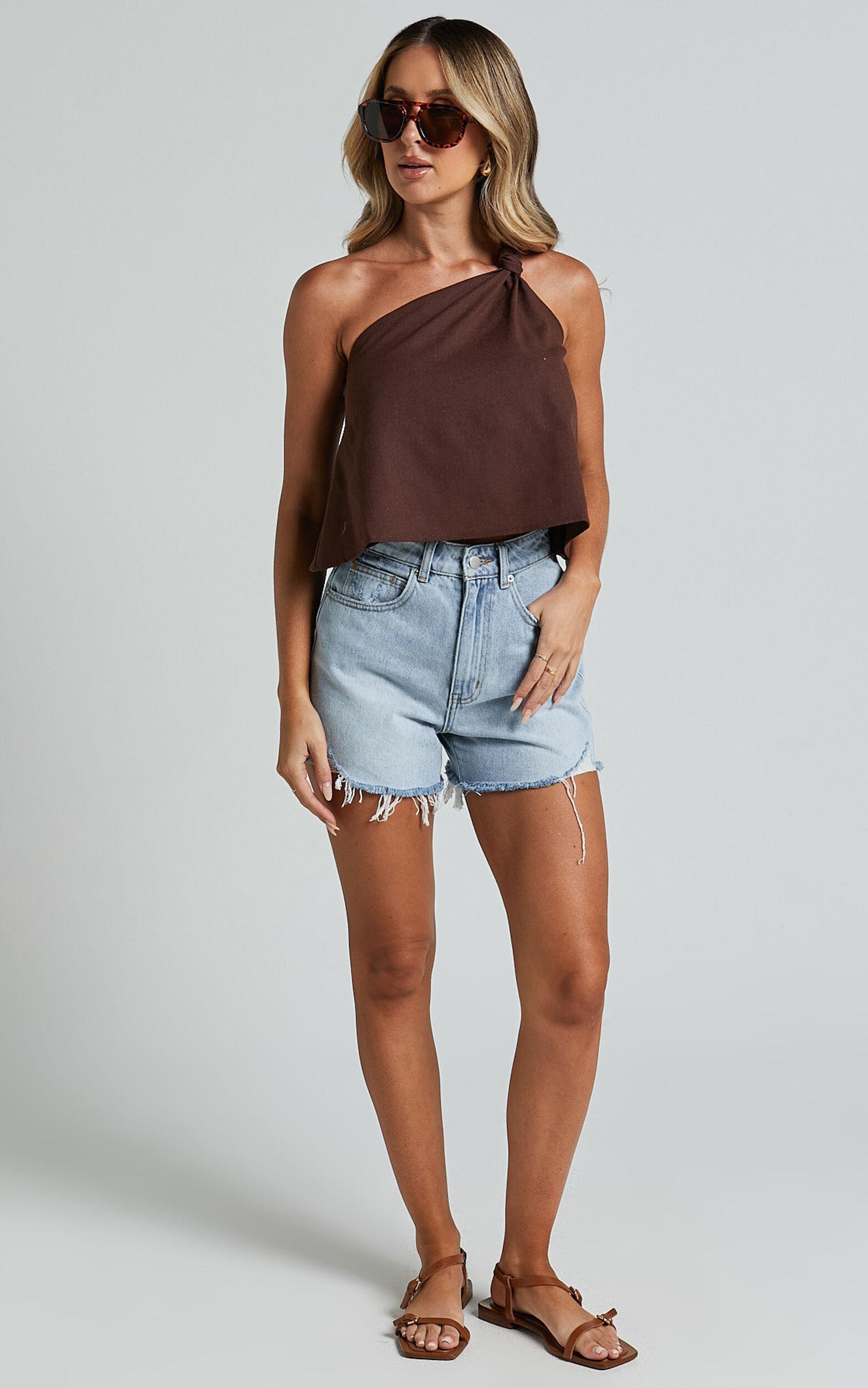 Analia Top - Linen Look One Shoulder Knot Detail Top in Chocolate Product Image
