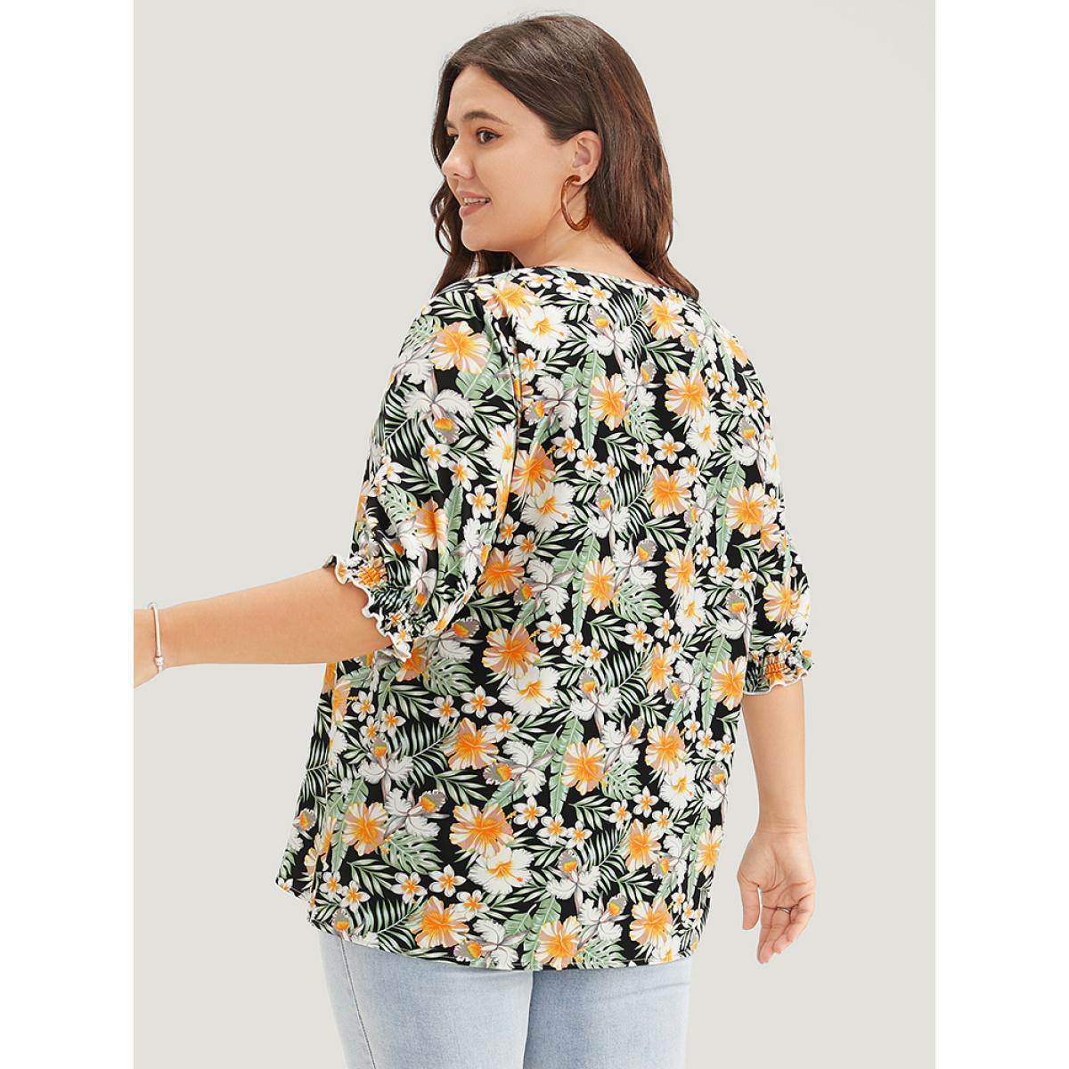 Plus Size BlackFlower Tropical Print Puff Sleeve Ruffles Trim Square Neck Blouse Women Vacation Elbow-length sleeve Square Neck Dailywear Blouses BloomChic 30/6X Product Image