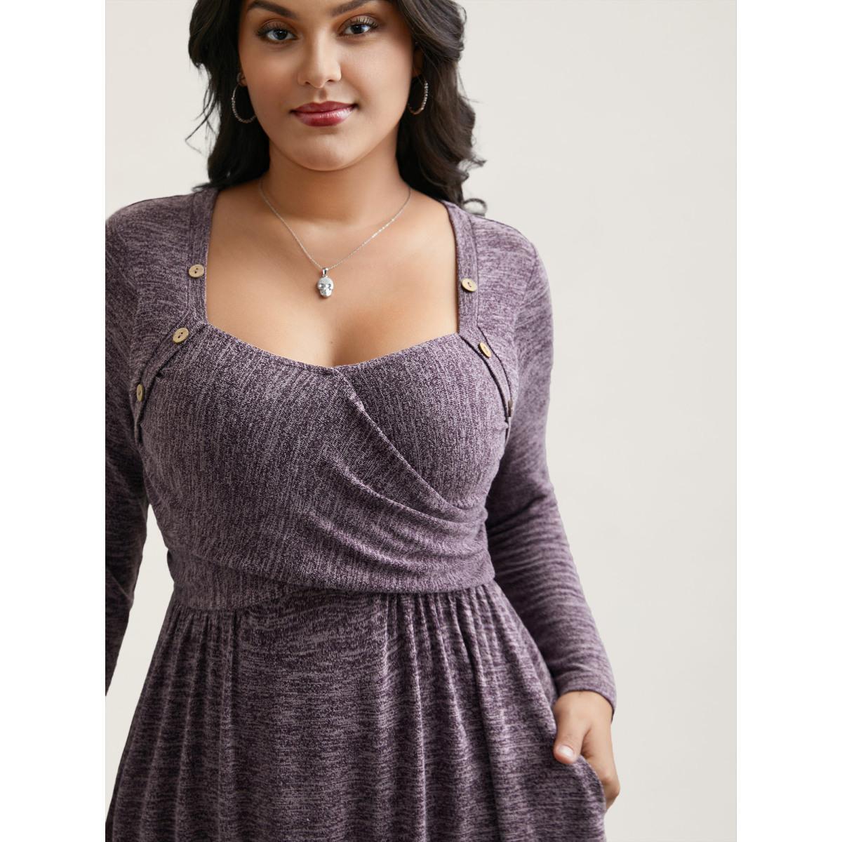 Plus Size Heart Neckline Button Detailing Crossover Fit Dress Mauve Women Casual Gathered Knit Dresses Bloomchic 10/M Product Image