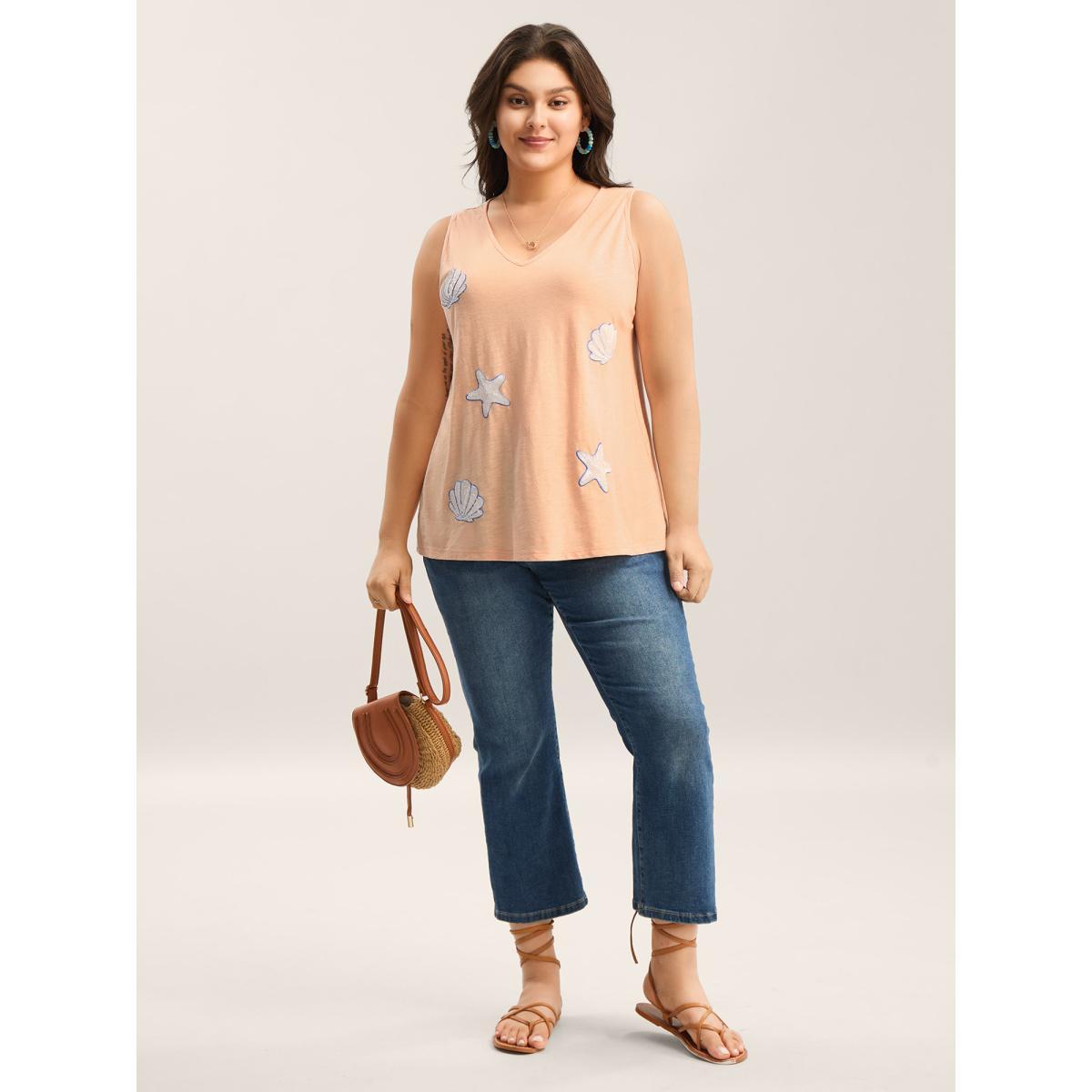 Plus Size Seashells Sequin Plain Tank Top Women Lightorange Embroidered V-neck Vacation Tank Tops Camis BloomChic 22-24/3X Product Image