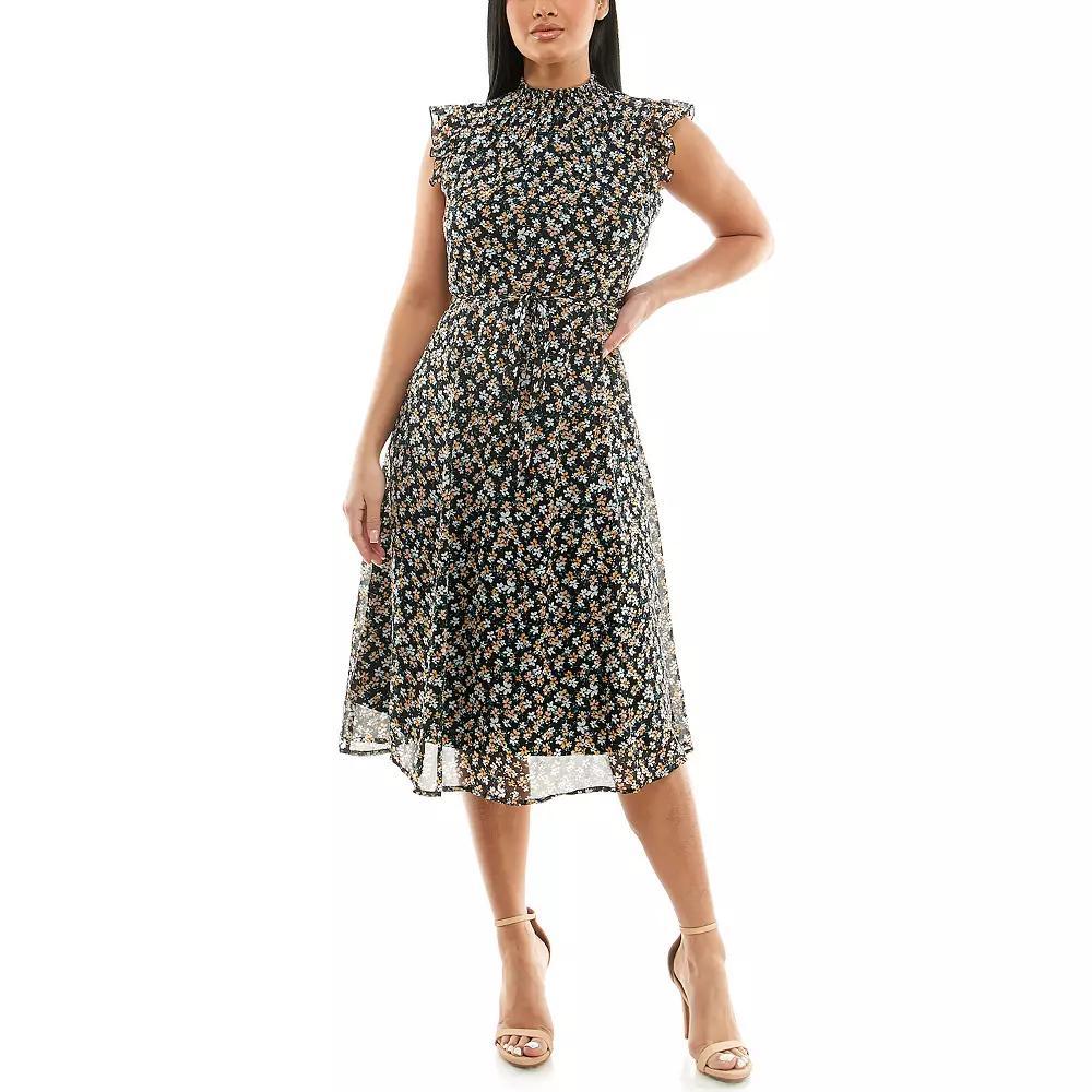 Womens Nina Leonard Smocked Flutter Sleeve Print Dress Product Image