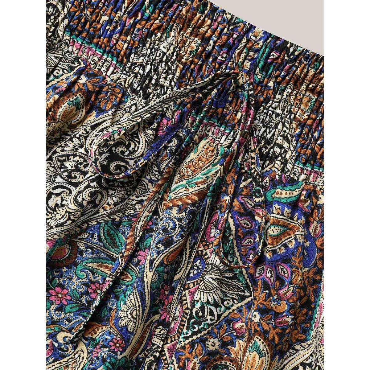 Plus Size Boho Print Shirred Waist Midi Skirt Women Multicolor Elegant Tie knot Loose No stretch Side seam pocket Everyday Skirts BloomChic 22-24/3X Product Image