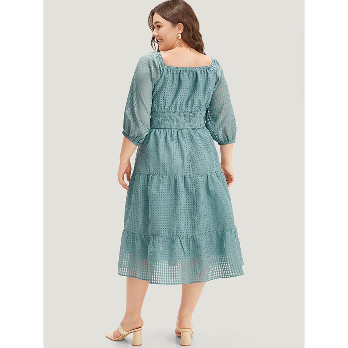 Plus Size Plain Gathered Texture Shirred Pocket Lantern Sleeve Dress Cerulean Women Elegant Elastic cuffs Square Neck Elbow-length sleeve Curvy Midi Dress BloomChic 12/L Product Image