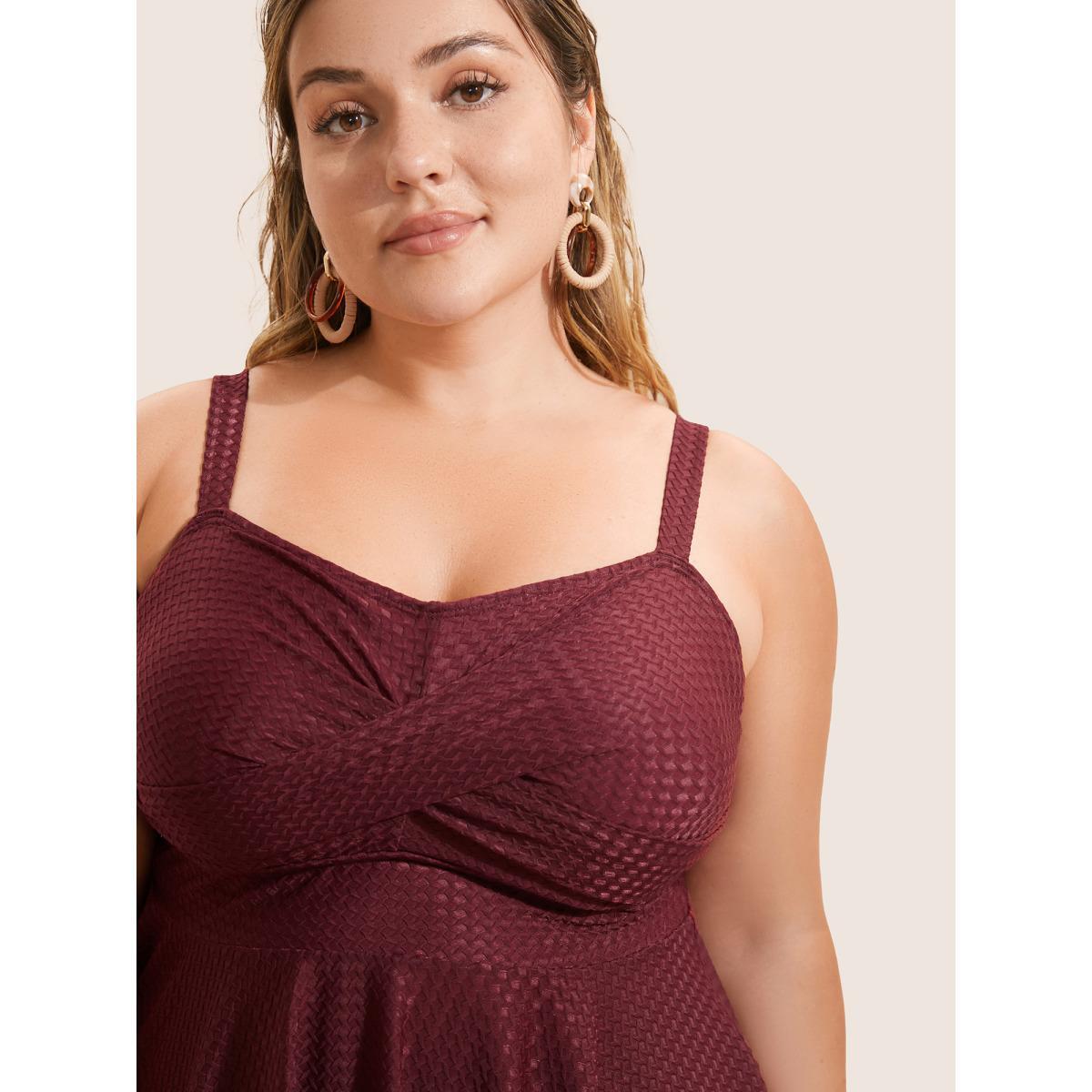 Plus Size Plisse Solid Crossover A Line Swim Top Women's Swimwear Burgundy Beach Pleated High stretch Bodycon Heart neckline Curve Swim Tops BloomChic 22-24/3X Product Image
