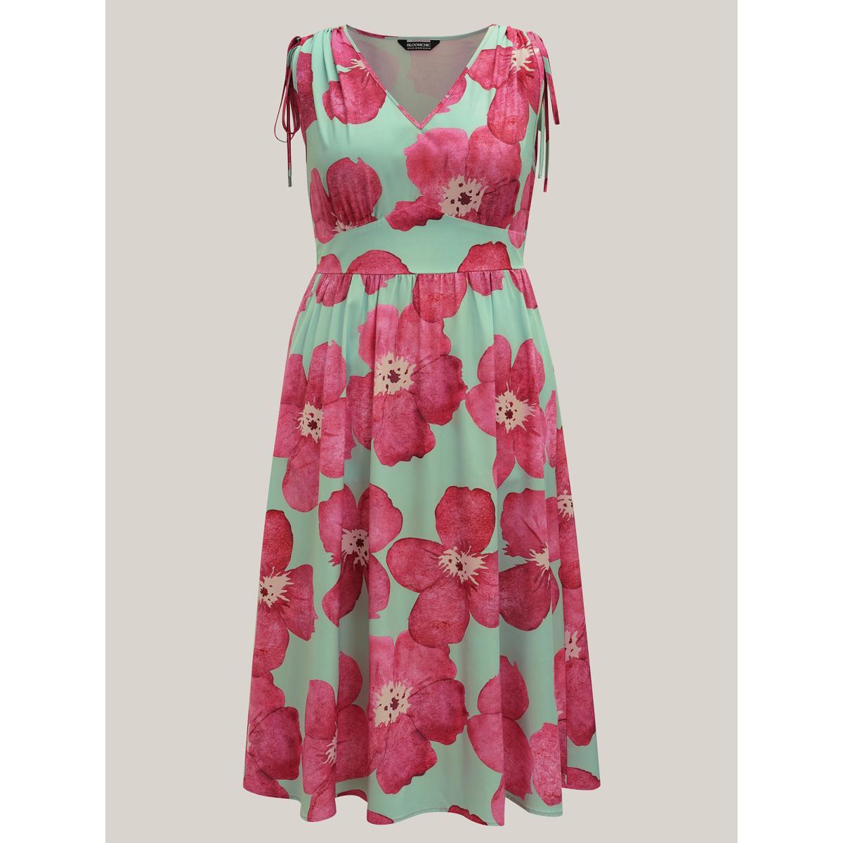 Plus Size Floral Print V-Neck Tied Midi Dress RedViolet Women Elegant Gathered V-neck Sleeveless Curvy BloomChic 26/4X Product Image
