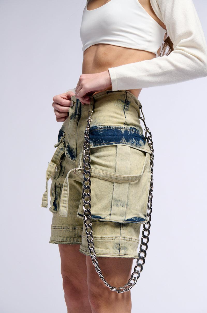 CAPRICE DISTRESSED DENIM CARGO CONVERTIBLE ZIP OFF PANT Product Image