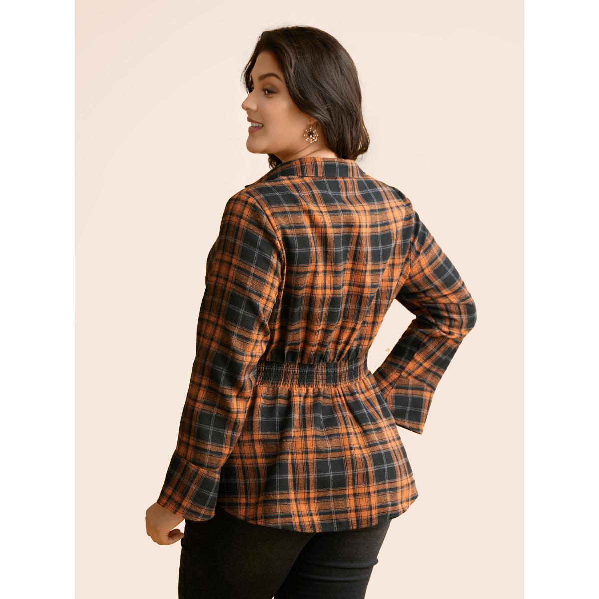 Plus Size OrangeRed Corset Plaid Waist-Cinching Blouse Women Elegant Long Sleeve Shirt collar Everyday Blouses BloomChic 30/6X Product Image