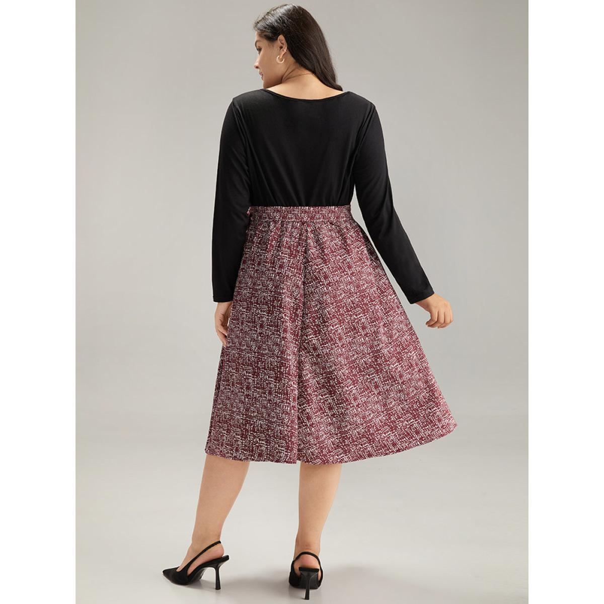 Plus Size Patchwork Contrast Belted Crew Neck Dress Black Women Office Belted Round Neck Long Sleeve Curvy Midi Dress BloomChic 26/4X Product Image