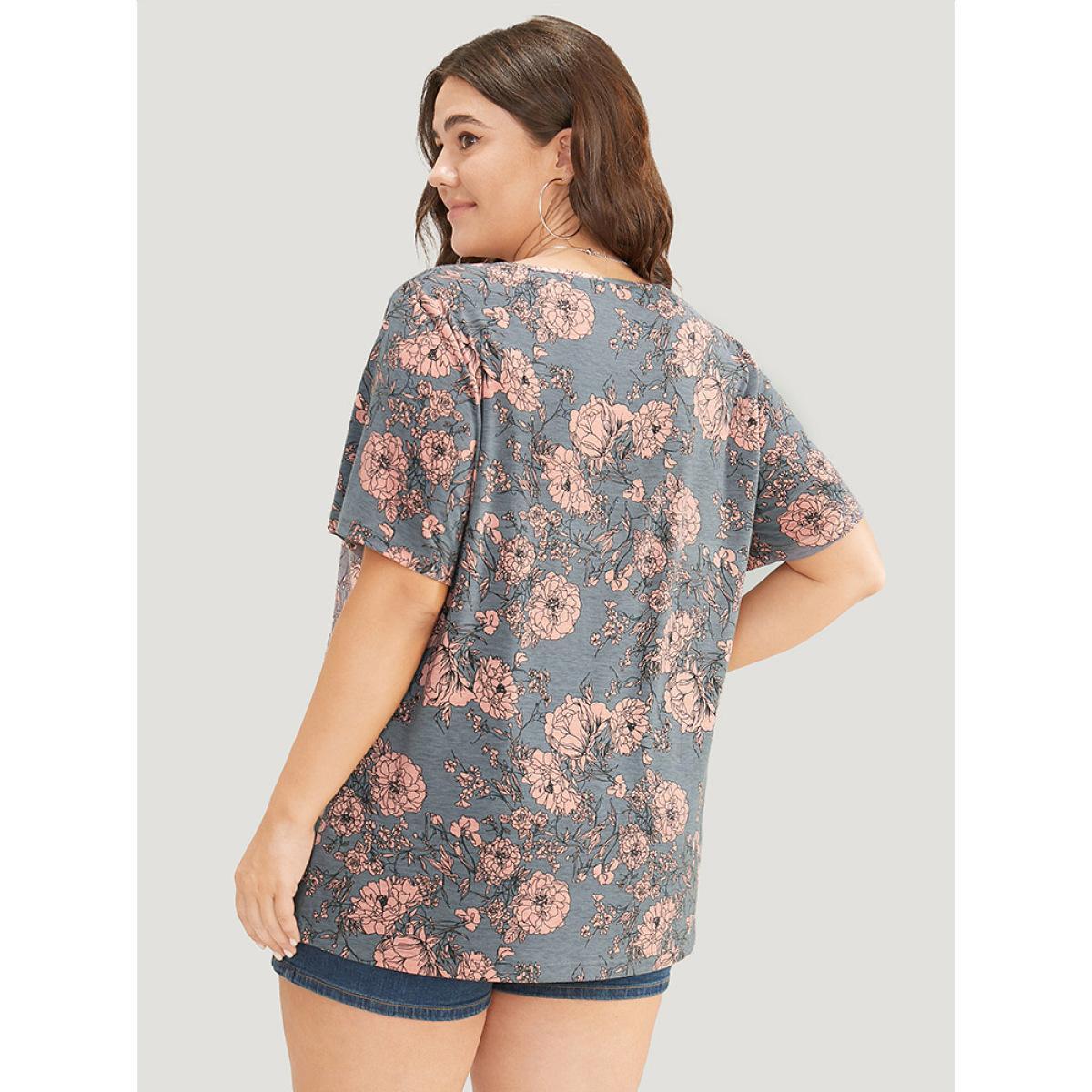 Plus Size Floral Print Mesh Insert Flutter Sleeve T-shirt Gray Women Elegant See through Floral V-neck Dailywear T-shirts BloomChic 12/L Product Image