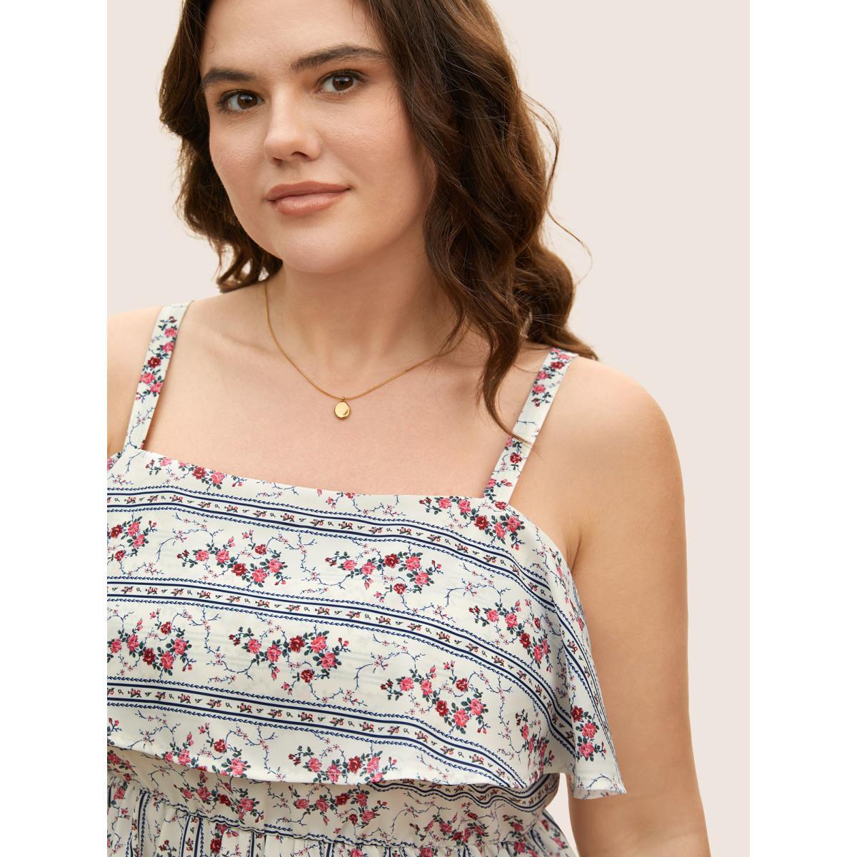 Plus Size Boho Print Ruffle Trim Elastic Waist Cami Top Women Originalwhite Elegant Contrast One-shoulder neck Everyday Tank Tops Camis BloomChic 30/6X Product Image