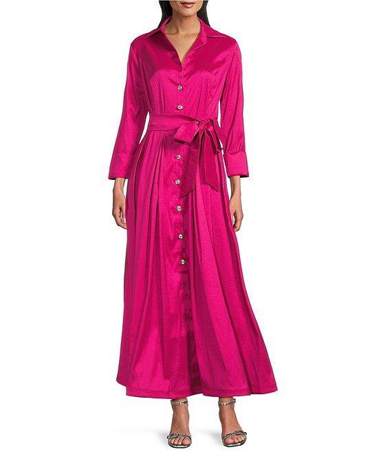 Marina 3/4 Sleeve Point Collar Neck Tie Waist Taffeta Midi A-Line Dress Product Image
