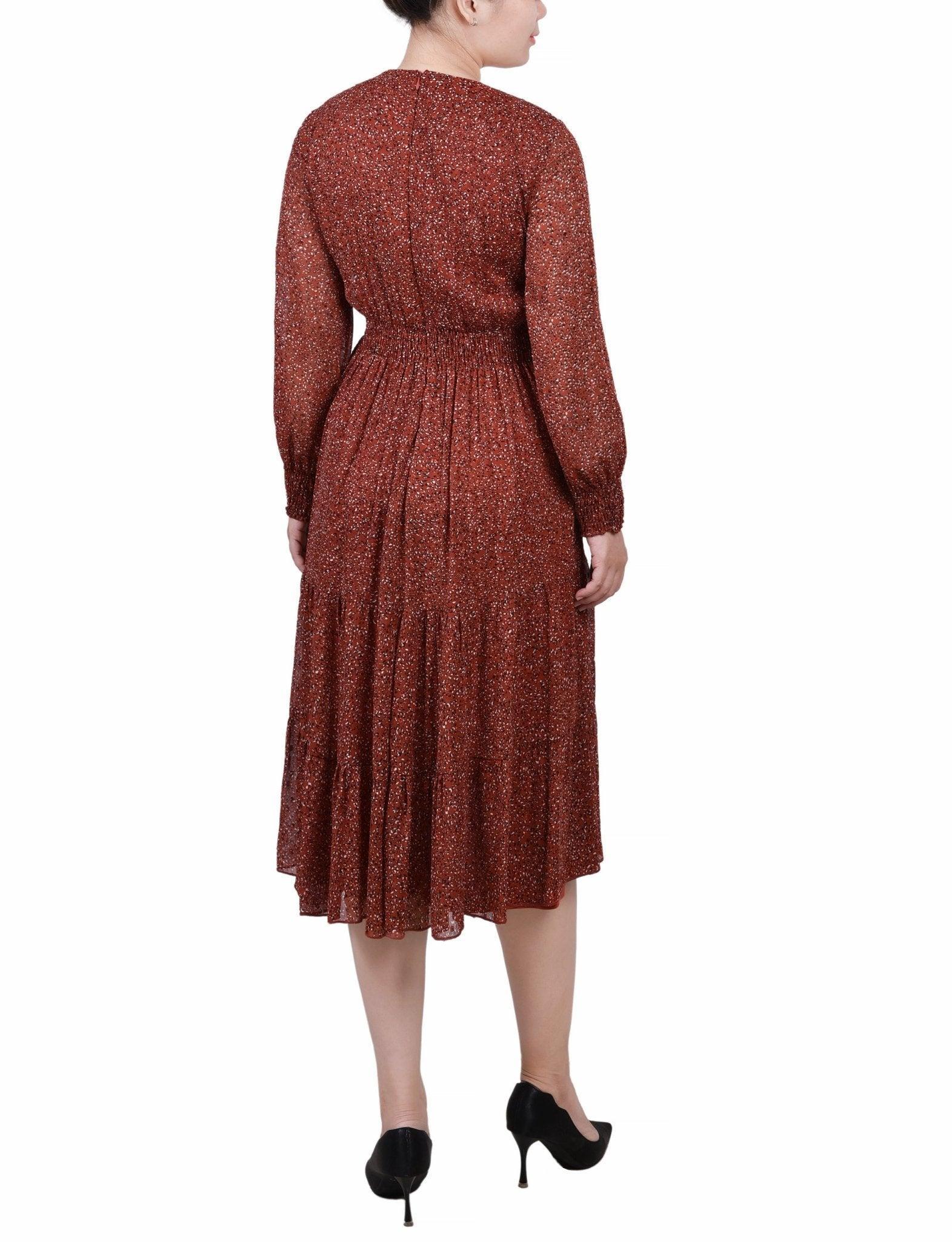 Brown Cheetah Long Sleeve Clip Dot Chiffon Dress With Smocked Waist and Cuffs Product Image