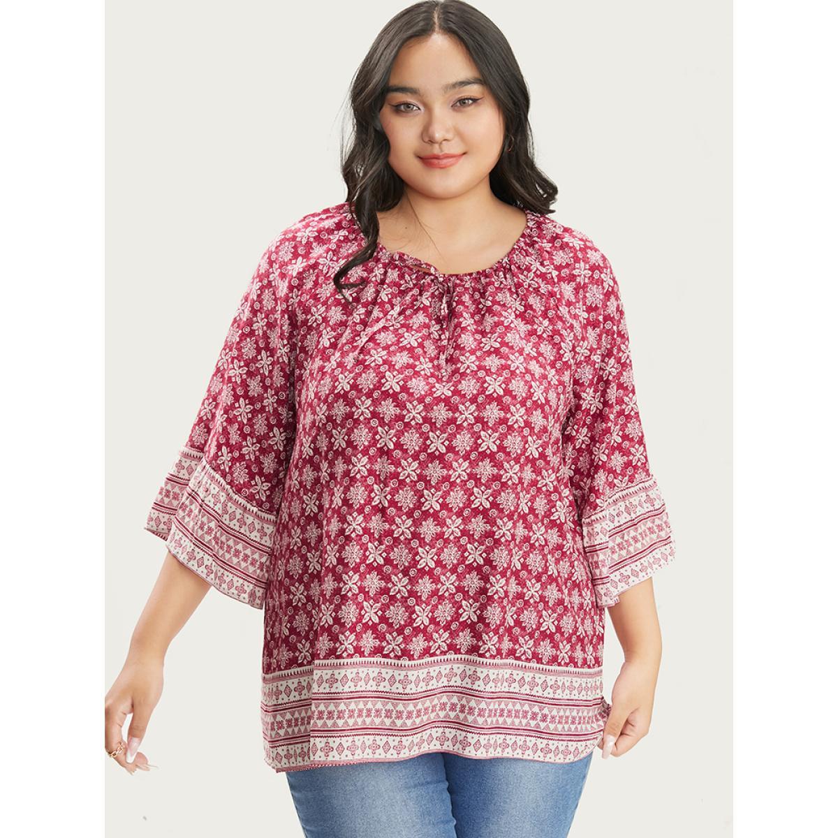Plus Size Crimson Floral Print Bell Sleeve Knotted Round Neck Blouse Women Vacation Elbow-length sleeve Round Neck Dailywear Blouses BloomChic 30/6X Product Image