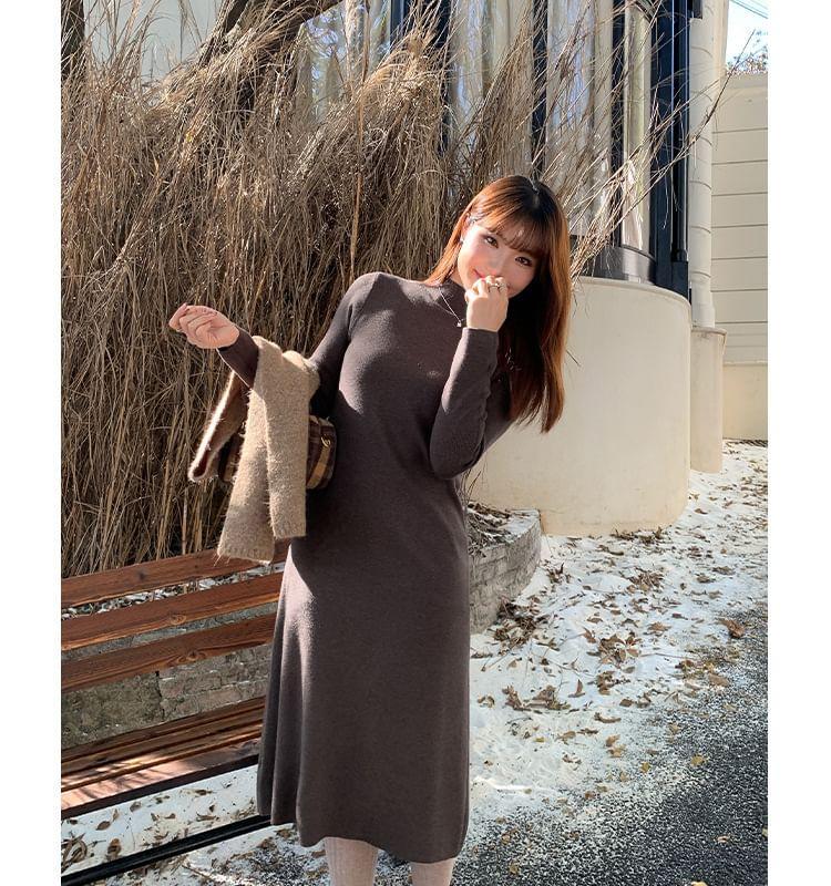 Long Sleeve Mock Neck Plain Knit Midi A-Line Dress Product Image