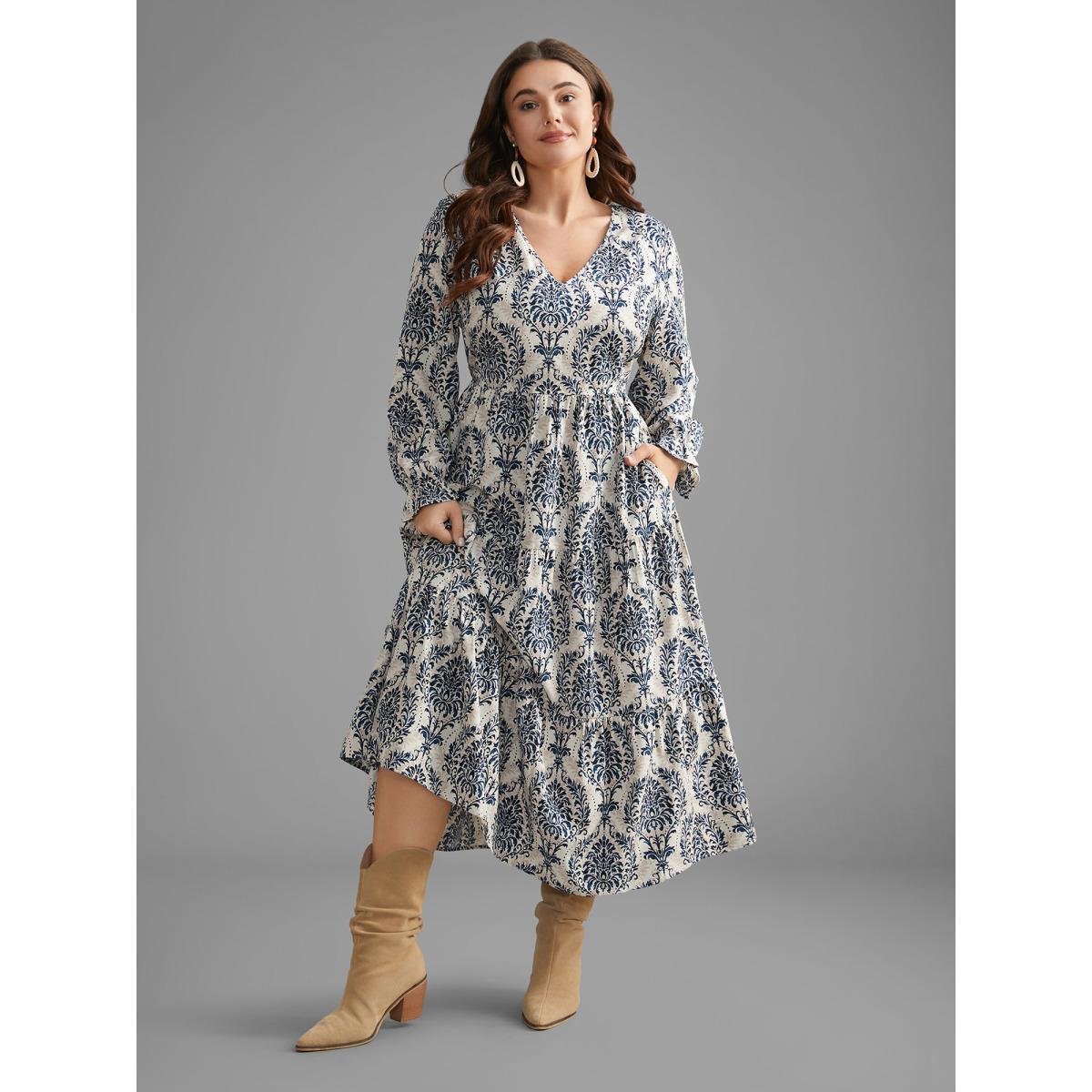 Plus Size V Neck Boho Print Ruffles Maxi Dress DarkBlue Women Resort Ruffles V-neck Long Sleeve Curvy BloomChic 26/4X Product Image
